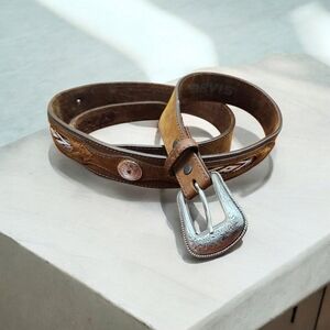 ORVIS Men’s Leather Belt Brown Sz 46 Buffalo Nickel Coin Woven